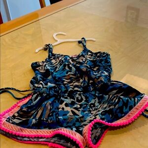 Blue and Black Animal Print Romper with Pink Trim